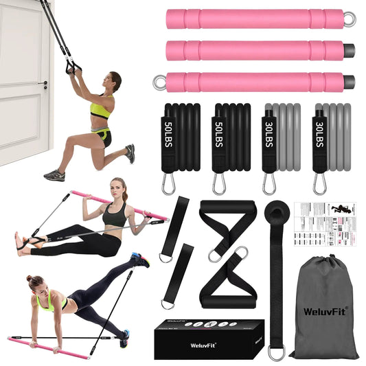 Multifunctional Portable Stackable Pilates Bar Kit with Resistance Bands Door Anchor for Resistance Bands-Home Gym Equipment with Handles - Pilates Flexbands Supports Full-Body Workouts for Yoga Pink