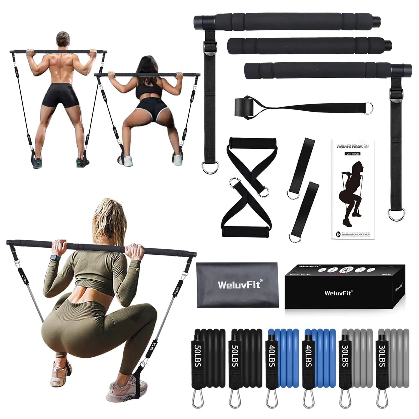 Multifunctional Portable Pilates Bar Kit with Resistance Bands Door Anchor for Resistance Bands-Home Gym Equipment with Handles -Stackable Pilates Flexbands Supports Full-Body Workouts for Yoga