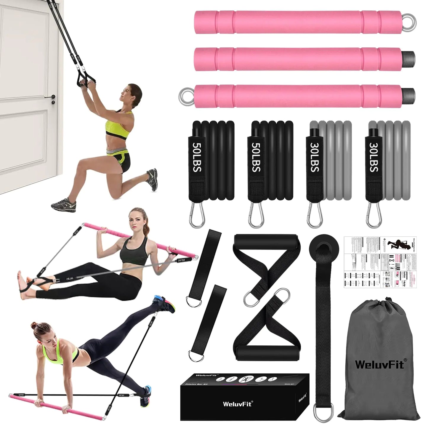 Multifunctional Portable Stackable Pilates Bar Kit with Resistance Bands Door Anchor for Resistance Bands-Home Gym Equipment with Handles - Pilates Flexbands Supports Full-Body Workouts for Yoga Pink